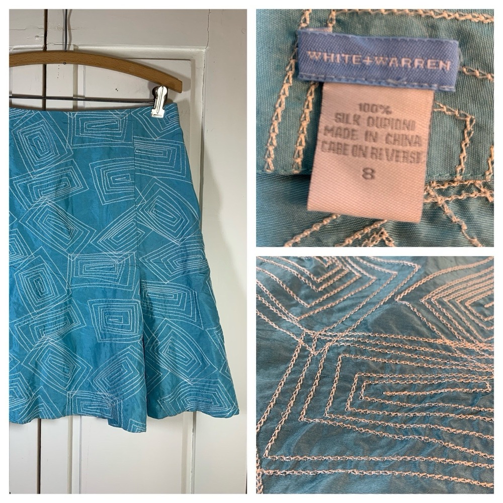 White & Warren Turquoise Embroidered Geometric Skirt Womens 8 Office Church